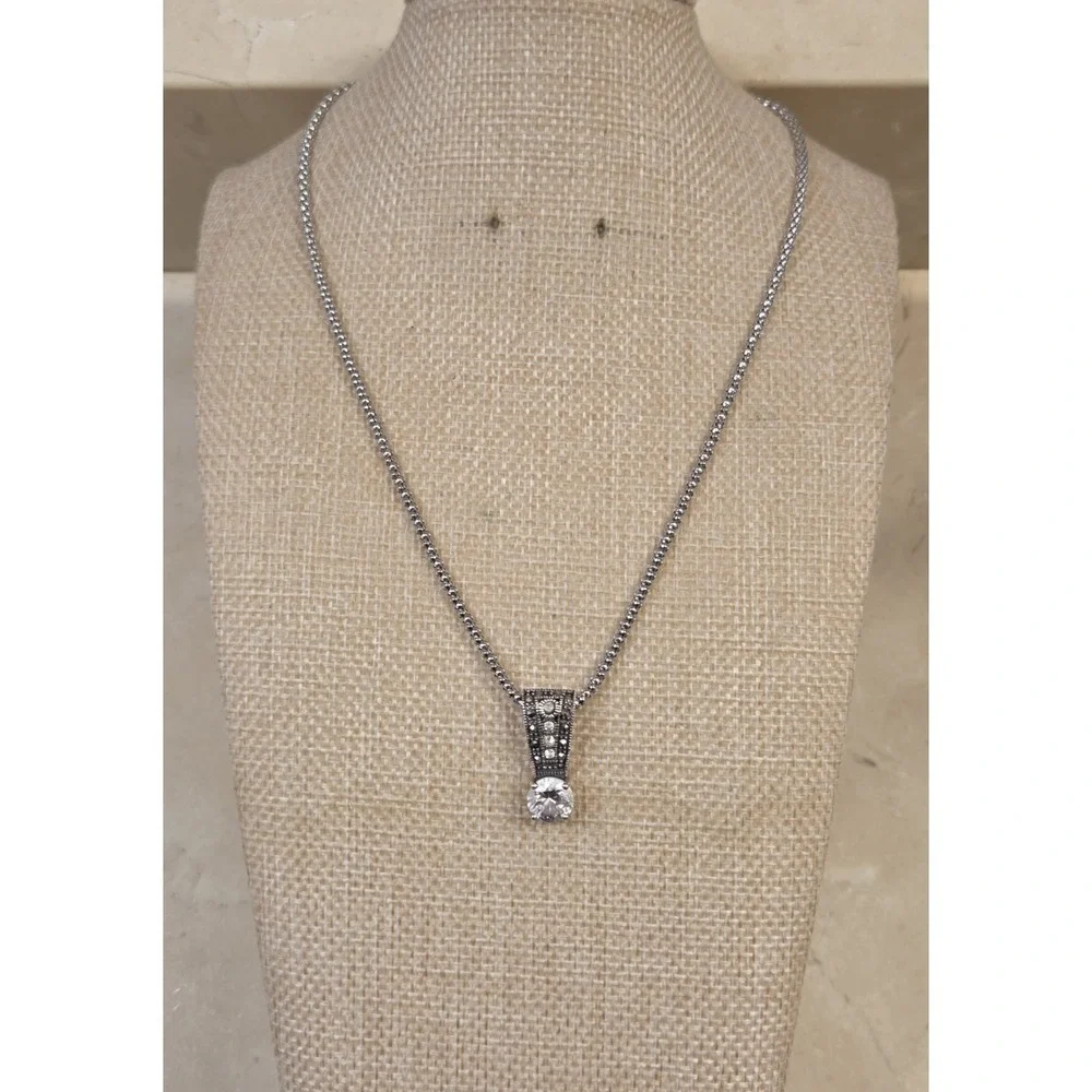 Vintage Sterling Silver Marcasite & CZ Pendant 16